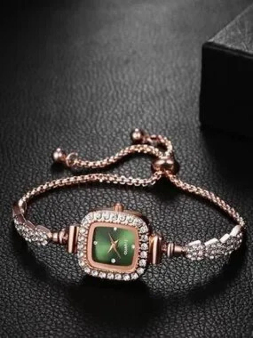 Anthropologie Rose Gold Bracelet Watch with Green Dial and Crystal Accents